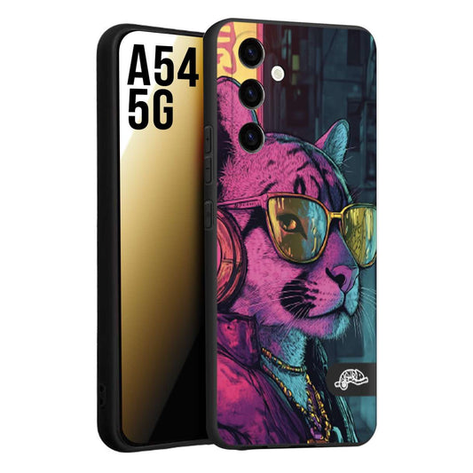 CUSTOMIZZA - Custodia cover nera morbida in tpu compatibile per Samsung A54 5G animali cyberpunk pantera street cat fucsia blu giallo