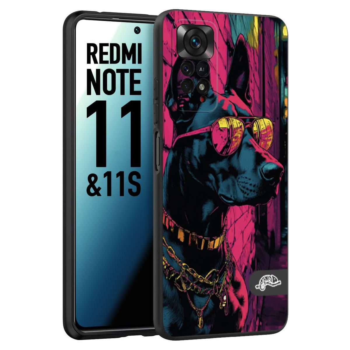 CUSTOMIZZA - Custodia cover nera morbida in tpu compatibile per Xiaomi Redmi Note 11 -  Note 11S animali cyberpunk dobermann cane street dog fucsia blu