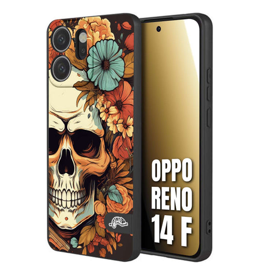 CUSTOMIZZA - Custodia cover nera morbida in tpu compatibile per Oppo Reno 14 F teschio skull flowers fiori autunnali arancio celeste tattoo