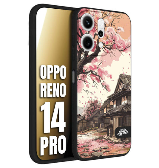 CUSTOMIZZA - Custodia cover nera morbida in tpu compatibile per Oppo Reno 14 PRO casa giapponese rosa ciliegio in fiore disegnata tattoo