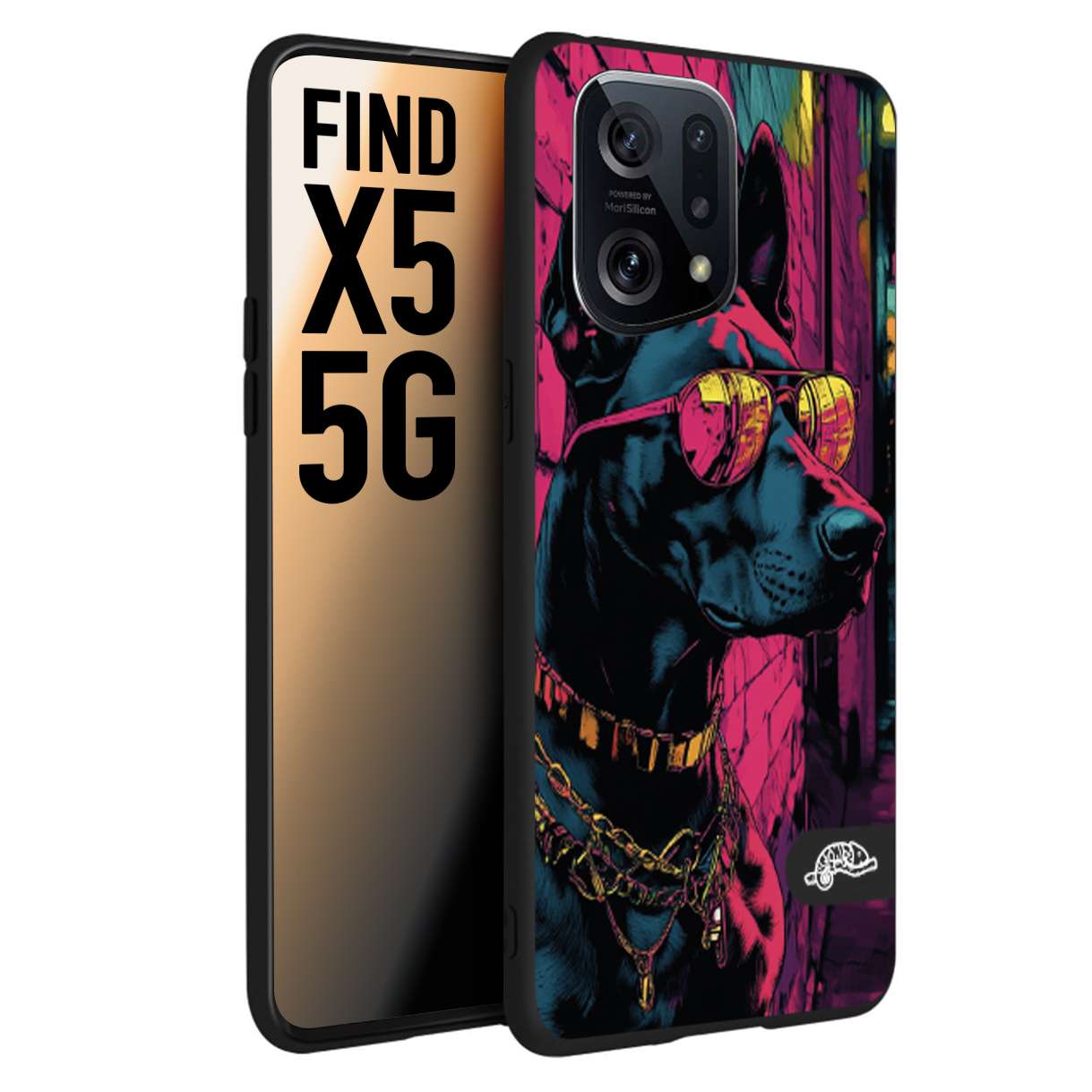 CUSTOMIZZA - Custodia cover nera morbida in tpu compatibile per Oppo Find X5 animali cyberpunk dobermann cane street dog fucsia blu