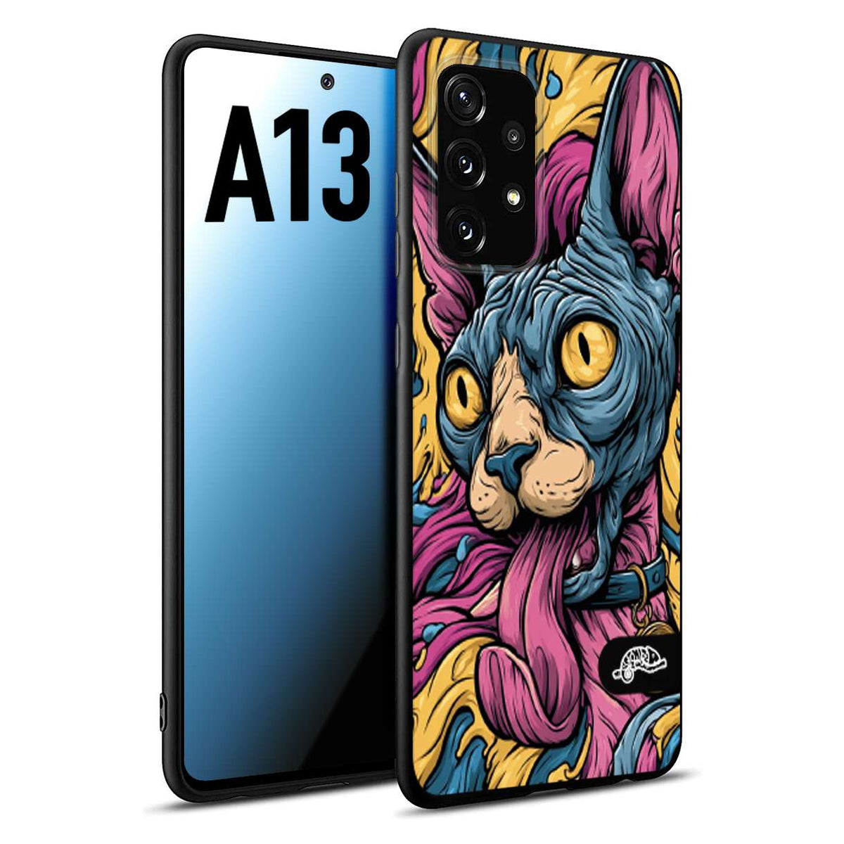 CUSTOMIZZA - Custodia cover nera morbida in tpu compatibile per Samsung A13 Sphynx Colorato Pop Art Psichedelico Gatto Blu Rosa Giallo Artistica Fantasy