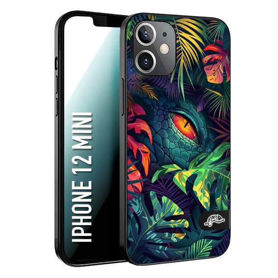CUSTOMIZZA - Custodia cover nera morbida in tpu compatibile per iPhone 12 MINI animali color giungla tropicale occhio di coccodrillo alligatore disegnato