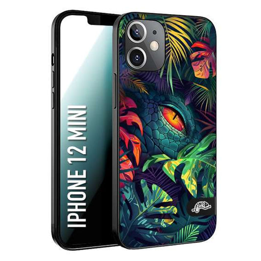 CUSTOMIZZA - Custodia cover nera morbida in tpu compatibile per iPhone 12 MINI animali color giungla tropicale occhio di coccodrillo alligatore disegnato