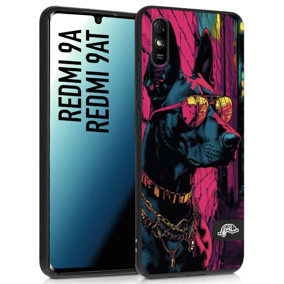 CUSTOMIZZA - Custodia cover nera morbida in tpu compatibile per Xiaomi Redmi 9A - 9AT animali cyberpunk dobermann cane street dog fucsia blu