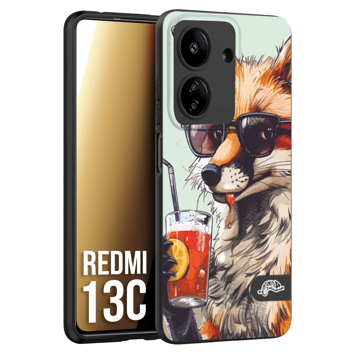 CUSTOMIZZA - Custodia cover nera morbida in tpu compatibile per Xiaomi Redmi 13C estate disegnata cocktails animali simpatici fox volpe negroni