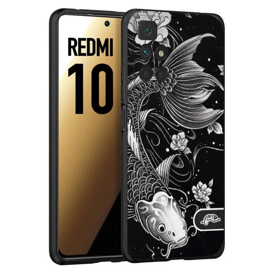 CUSTOMIZZA - Custodia cover nera morbida in tpu compatibile per Xiaomi Redmi 10 carpa koi black and white bianco a rilievo disegnato tattoo tatuaggio