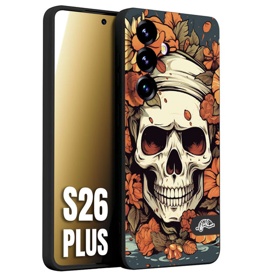 CUSTOMIZZA - Custodia cover nera morbida in tpu compatibile per Samsung S26 PLUS teschio skull flowers fiori tattoo disegnato alta definizione