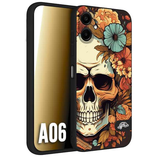 CUSTOMIZZA - Custodia cover nera morbida in tpu compatibile per Samsung A06 teschio skull flowers fiori autunnali arancio celeste tattoo