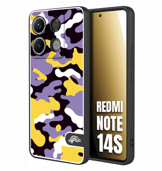 CUSTOMIZZA - Custodia cover nera morbida in tpu compatibile per Xiaomi Redmi Note 14S camouflage mimetico militare viola lilla giallo