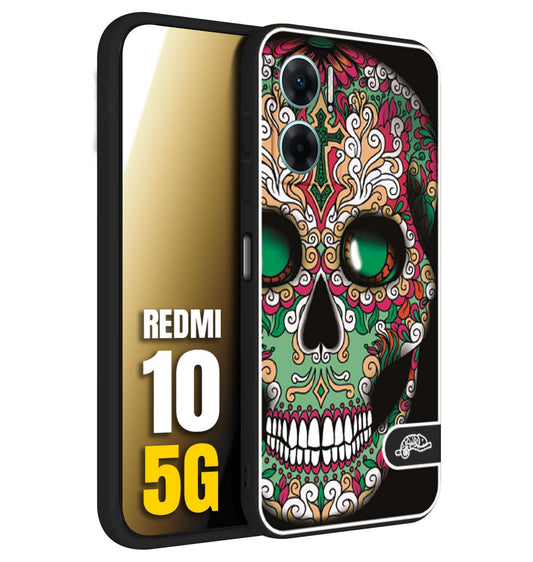 CUSTOMIZZA - Custodia cover nera morbida in tpu compatibile per Xiaomi Redmi 10 5G teschio messicano Mexican skull verde fucsia