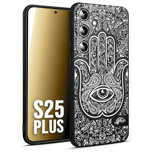 CUSTOMIZZA - Custodia cover nera morbida in tpu compatibile per Samsung S25 PLUS mano di fatima effetto rilievo mandala donna