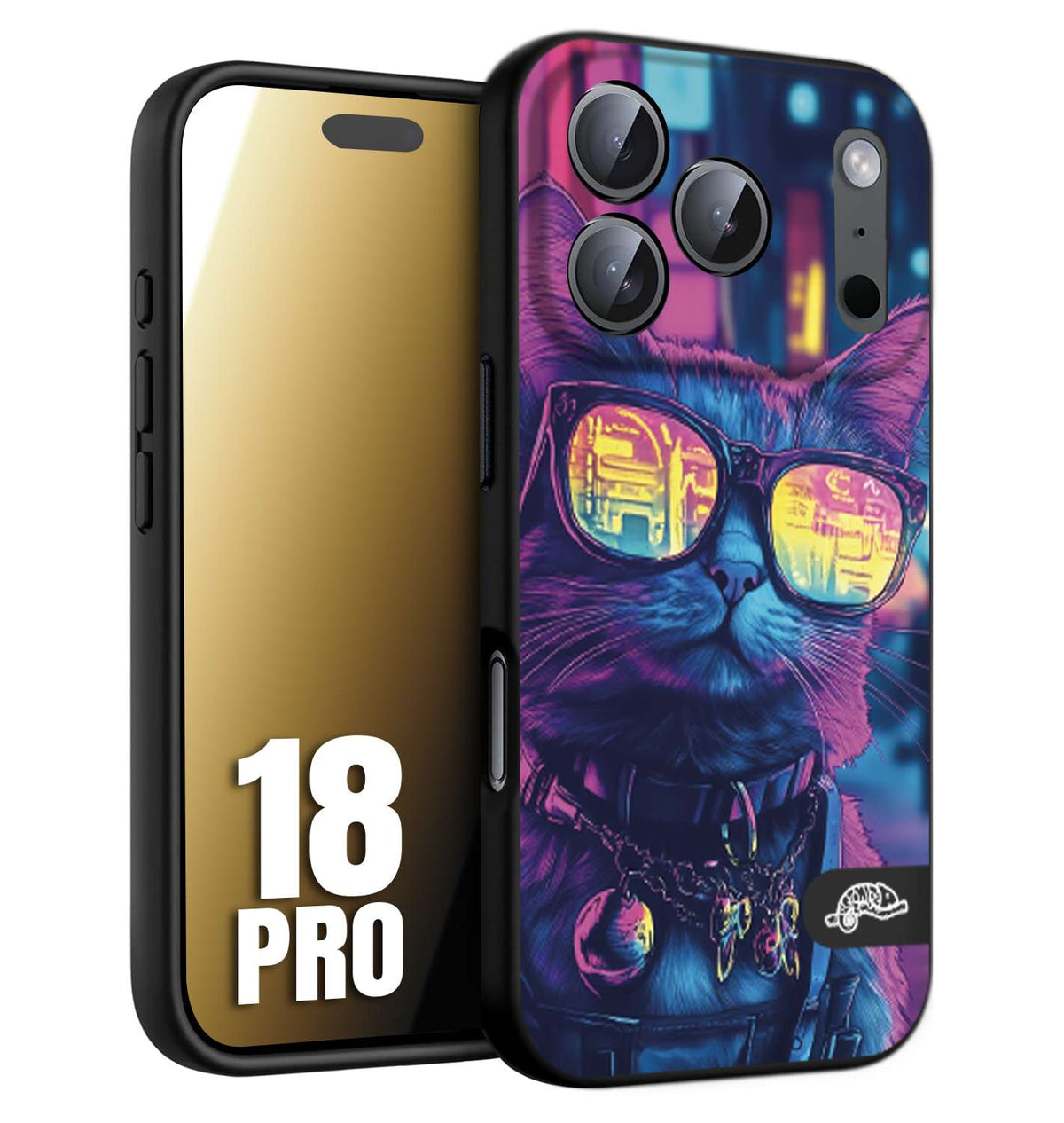 CUSTOMIZZA - Custodia cover nera morbida in tpu compatibile per iPhone 18 PRO animali cyberpunk gatto street cat fucsia blu giallo