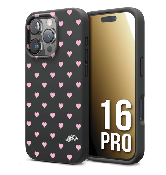 CUSTOMIZZA - Custodia cover nera morbida in tpu compatibile per iPhone 16 PRO cuori pois rosa su nero donna pin up vintage