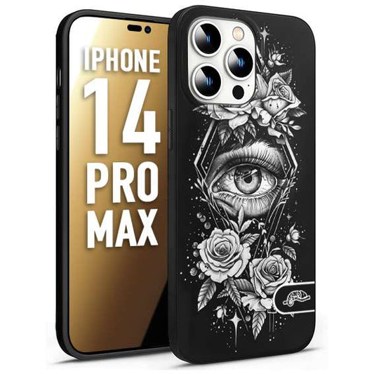 CUSTOMIZZA - Custodia cover nera morbida in tpu compatibile per iPhone 14 PRO MAX occhio fiori rombo geometrico black and white bianco a rilievo disegnato tattoo tatuaggio