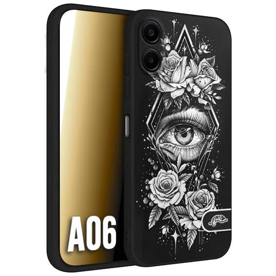CUSTOMIZZA - Custodia cover nera morbida in tpu compatibile per Samsung A06 occhio fiori rombo geometrico black and white bianco a rilievo disegnato tattoo tatuaggio