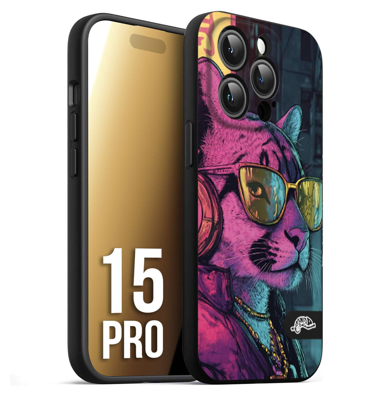 CUSTOMIZZA - Custodia cover nera morbida in tpu compatibile per iPhone 15 PRO animali cyberpunk pantera street cat fucsia blu giallo