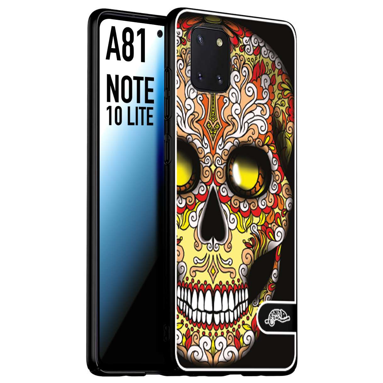 CUSTOMIZZA - Custodia cover nera morbida in tpu compatibile per Samsung A81 - Note 10 Lite teschio messicano Mexican skull giallo rosso arancio