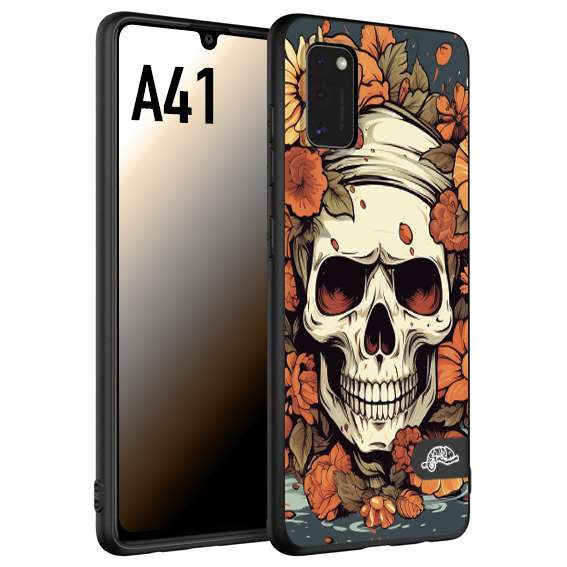 CUSTOMIZZA - Custodia cover nera morbida in tpu compatibile per Samsung A41 teschio skull flowers fiori tattoo disegnato alta definizione