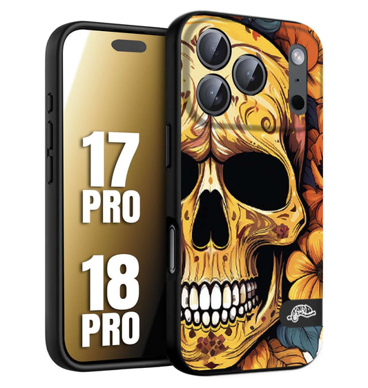 CUSTOMIZZA - Custodia cover nera morbida in tpu compatibile per iPhone 17 PRO - 18 PRO teschio messicano colorato dorato fiori autunnali disegnato