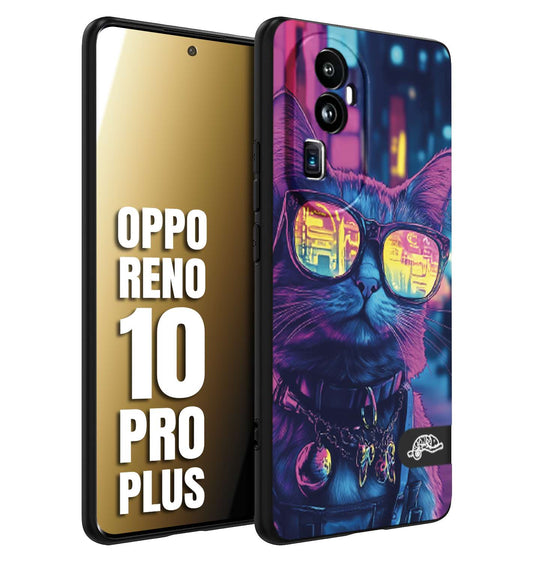CUSTOMIZZA - Custodia cover nera morbida in tpu compatibile per Oppo Reno 10 PRO PLUS animali cyberpunk gatto street cat fucsia blu giallo