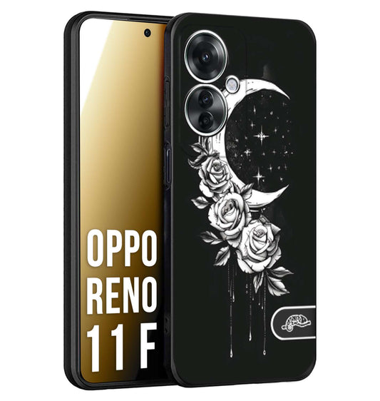 CUSTOMIZZA - Custodia cover nera morbida in tpu compatibile per Oppo Reno 11 F 5G luna e fiori moon flowers black and white bianco a rilievo disegnato tattoo tatuaggio
