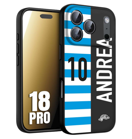 CUSTOMIZZA - Custodia cover nera morbida in tpu compatibile per iPhone 18 PRO personalizzata calcio football nome e numero calciatori biancazzurri
