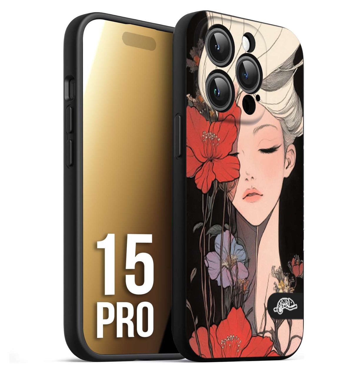 CUSTOMIZZA - Custodia cover nera morbida in tpu compatibile per iPhone 15 PRO woman flower Fantasia Floreale Design Donna e Fiori, Retro Artistico