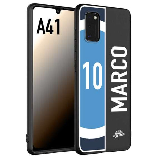 CUSTOMIZZA - Custodia cover nera morbida in tpu compatibile per Samsung A41 personalizzata calcio football nome e numero calciatori biancoazzurri bianco celesti