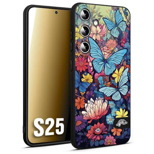 CUSTOMIZZA - Custodia cover nera morbida in tpu compatibile per Samsung S25 farfalle butterfly moderno donna disegnate gialla blu rosa
