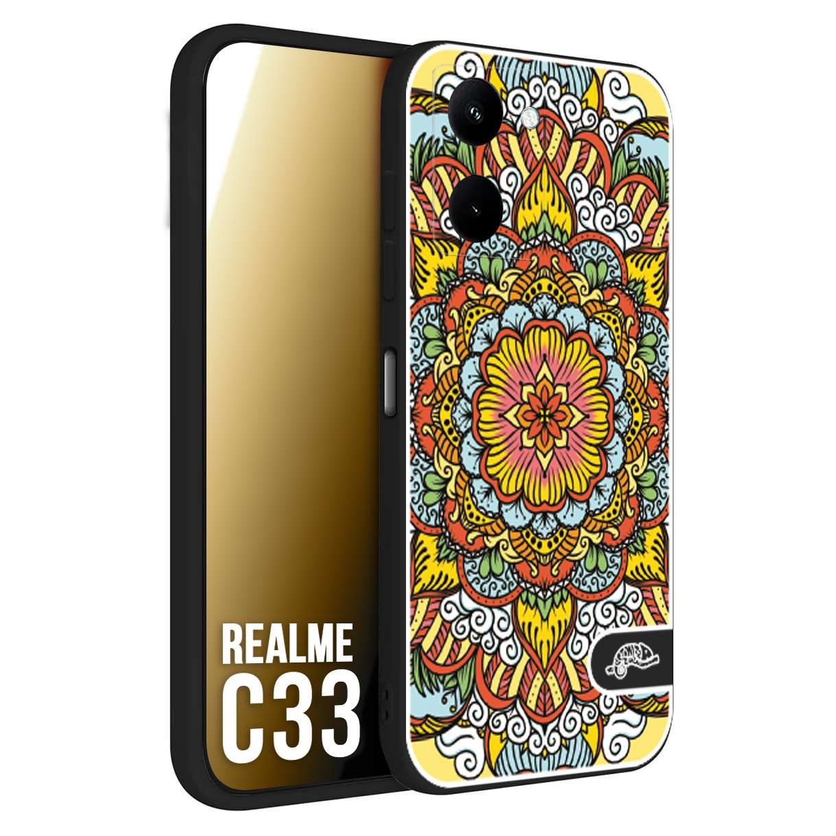 CUSTOMIZZA - Custodia cover nera morbida in tpu compatibile per Oppo Realme C33 mandala colorato fiore nuvole arancione