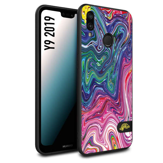 CUSTOMIZZA - Custodia cover nera morbida in tpu compatibile per Huawei Y9 2019 colorata fantasia vortice marmo arcobaleno rosa blu fucsia