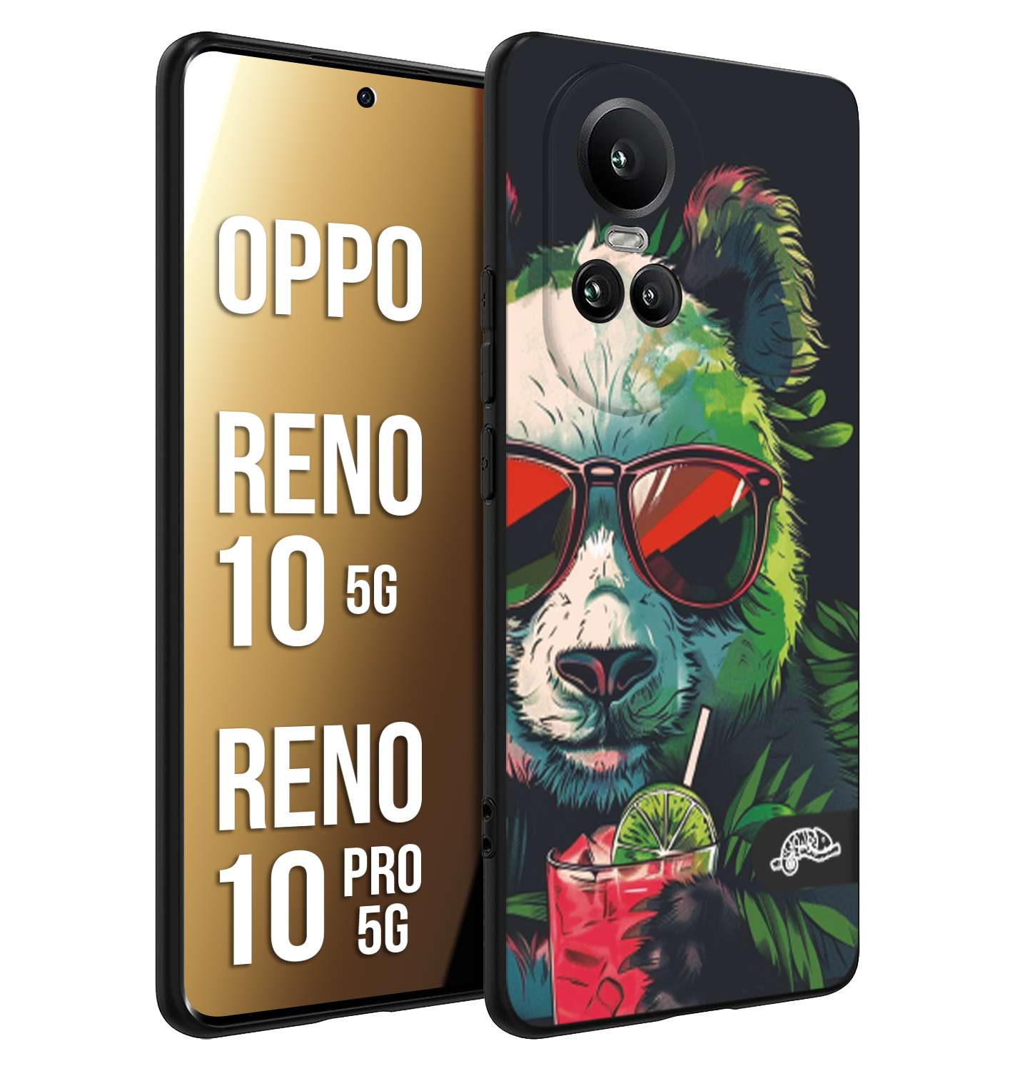 CUSTOMIZZA - Custodia cover nera morbida in tpu compatibile per Oppo Reno 10 5G - 10 PRO 5G estate disegnata cocktails animali simpatici panda mojito