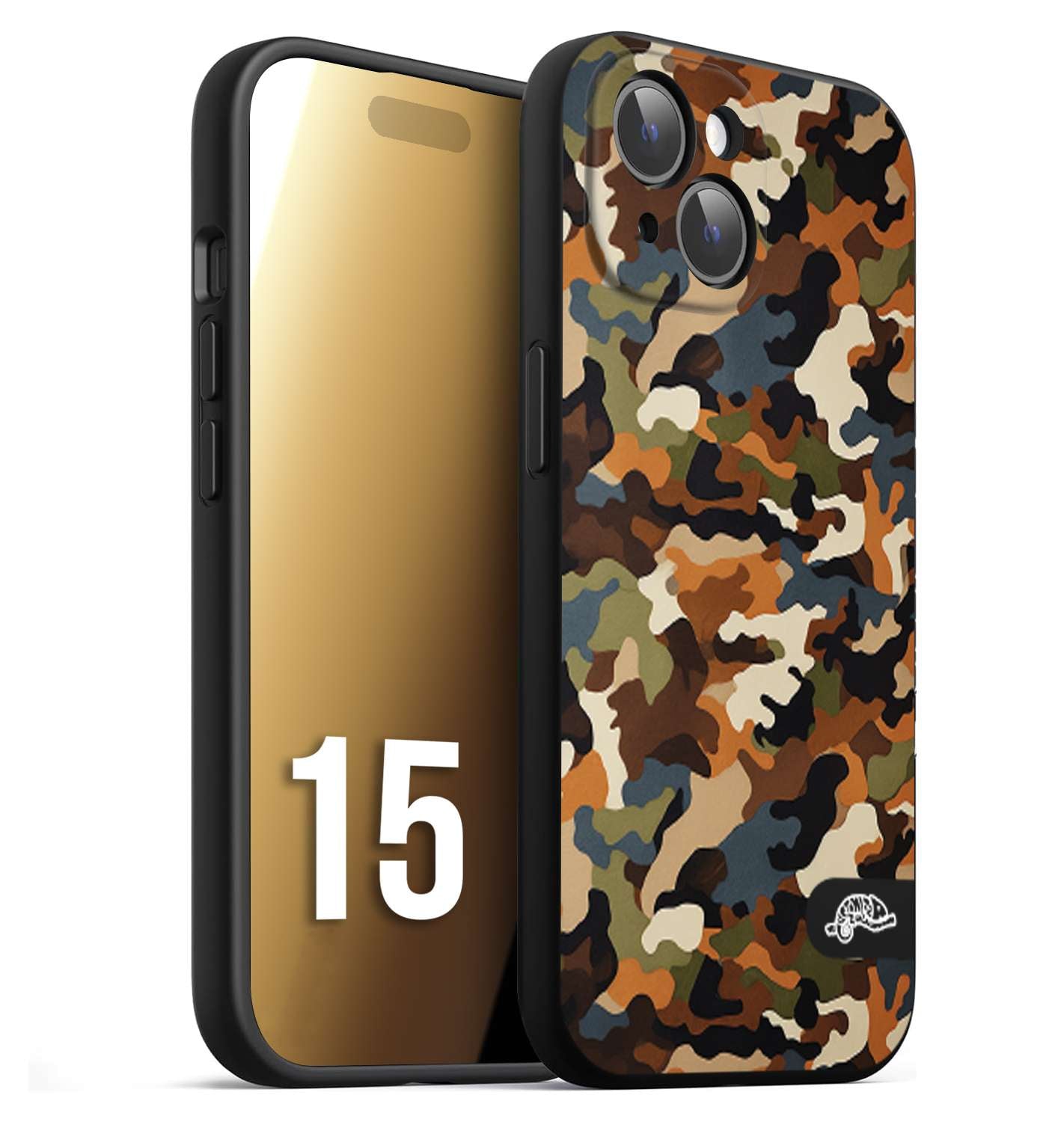 CUSTOMIZZA - Custodia cover nera morbida in tpu compatibile per iPhone 15 camouflage mimetico militare moderno blu marrone beige