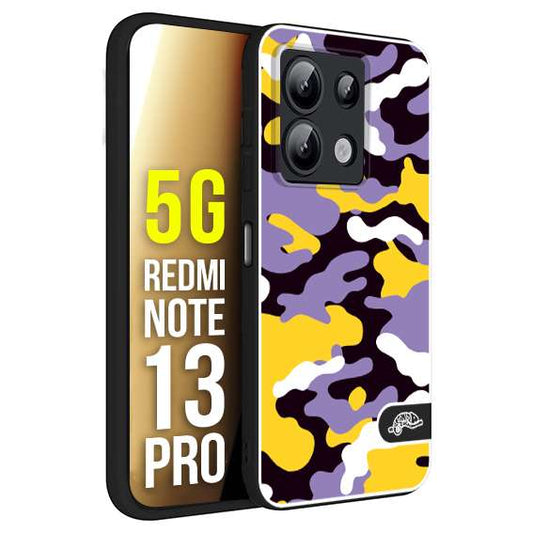 CUSTOMIZZA - Custodia cover nera morbida in tpu compatibile per Xiaomi Redmi Note 13 PRO 5G camouflage mimetico militare viola lilla giallo