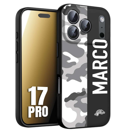 CUSTOMIZZA - Custodia cover nera morbida in tpu compatibile per iPhone 17 PRO camouflage mimetico militare personalizzata nome bianco