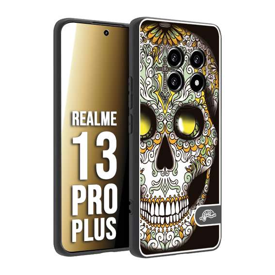 CUSTOMIZZA - Custodia cover nera morbida in tpu compatibile per Realme 13 PRO PLUS teschio messicano Mexican skull bianco verde giallo