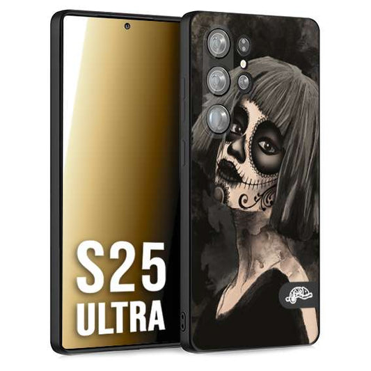 CUSTOMIZZA - Custodia cover nera morbida in tpu compatibile per Samsung S25 ULTRA chicana messicana dea de la muerte donna santa tattoo disegnata