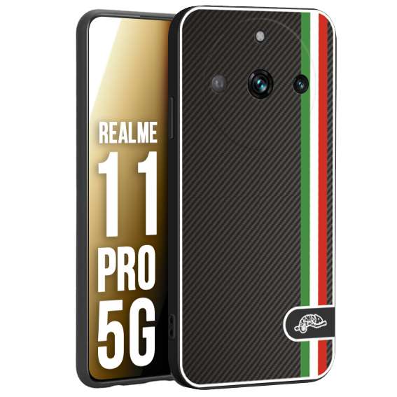 CUSTOMIZZA - Custodia cover nera morbida in tpu compatibile per Realme 11 PRO 5G effetto fibra di carbonio bandiera Italia made in Italy