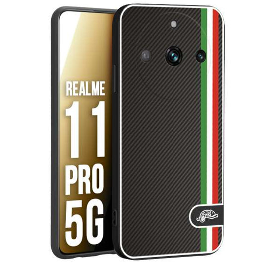 CUSTOMIZZA - Custodia cover nera morbida in tpu compatibile per Realme 11 PRO 5G effetto fibra di carbonio bandiera Italia made in Italy