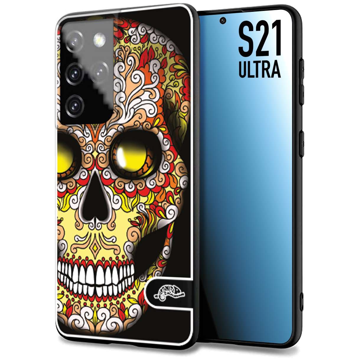 CUSTOMIZZA - Custodia cover nera morbida in tpu compatibile per Samsung S21 ULTRA teschio messicano Mexican skull giallo rosso arancio