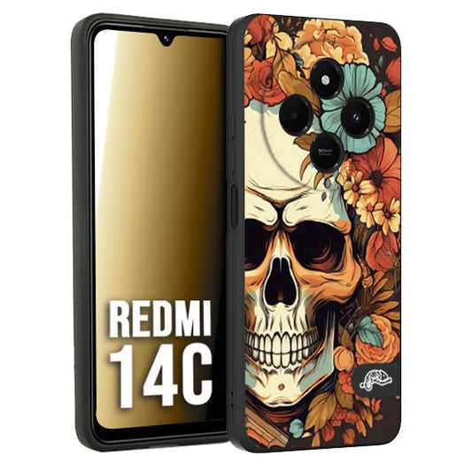 CUSTOMIZZA - Custodia cover nera morbida in tpu compatibile per Xiaomi Redmi 14C teschio skull flowers fiori autunnali arancio celeste tattoo