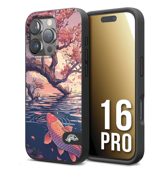 CUSTOMIZZA - Custodia cover nera morbida in tpu compatibile per iPhone 16 PRO giapponese lago carpa koi rosa con foglie d'acero disegnata tattoo