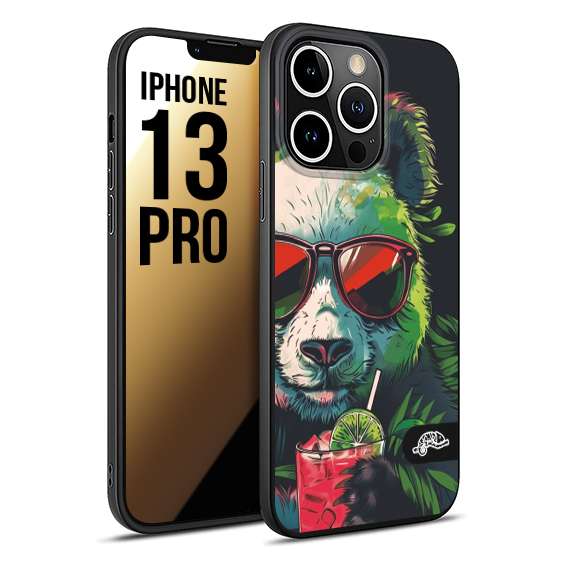 CUSTOMIZZA - Custodia cover nera morbida in tpu compatibile per iPhone 13 PRO estate disegnata cocktails animali simpatici panda mojito