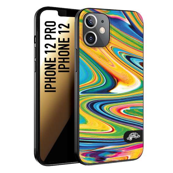 CUSTOMIZZA - Custodia cover nera morbida in tpu compatibile per iPhone 12 - 12 PRO colorata fantasia vortice marmo arcobaleno gialla verde blu