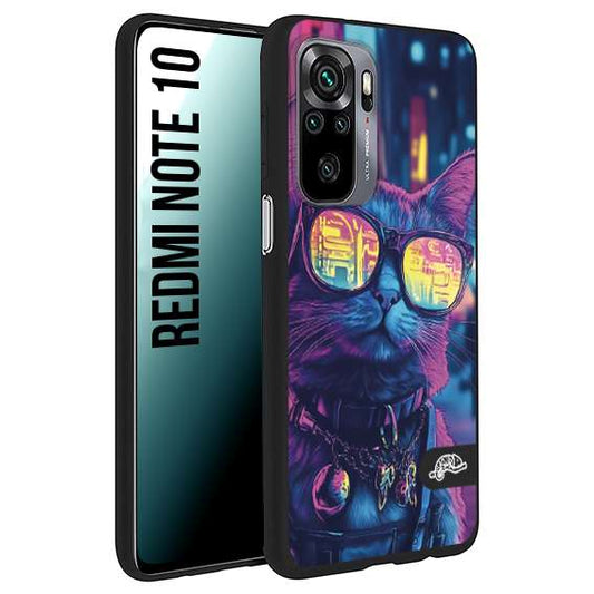 CUSTOMIZZA - Custodia cover nera morbida in tpu compatibile per Xiaomi Redmi Note 10 animali cyberpunk gatto street cat fucsia blu giallo