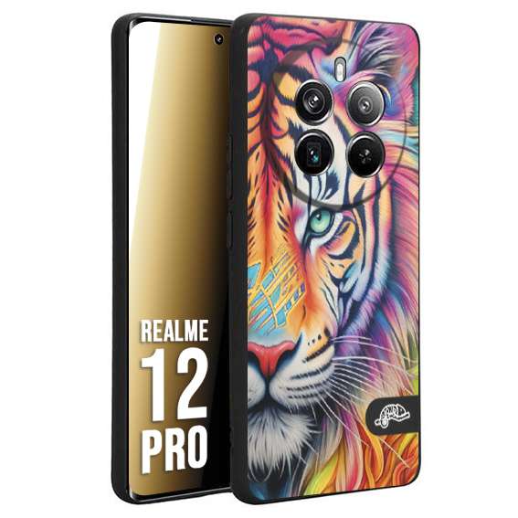 CUSTOMIZZA - Custodia cover nera morbida in tpu compatibile per Realme 12 PRO animali color tigre tiger viso colori vibranti disegnato schizzo