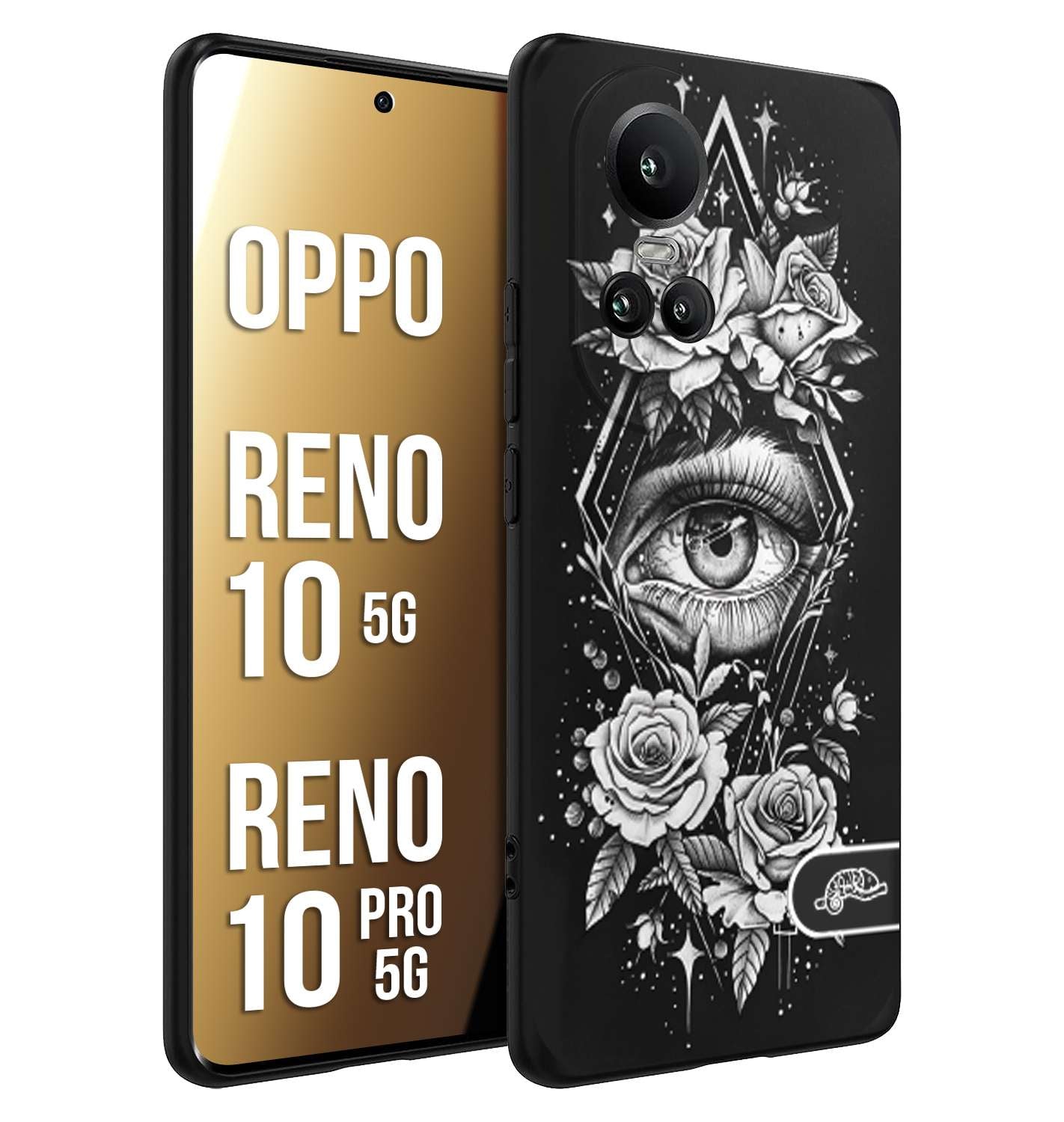 CUSTOMIZZA - Custodia cover nera morbida in tpu compatibile per Oppo Reno 10 5G - 10 PRO 5G occhio fiori rombo geometrico black and white bianco a rilievo disegnato tattoo tatuaggio