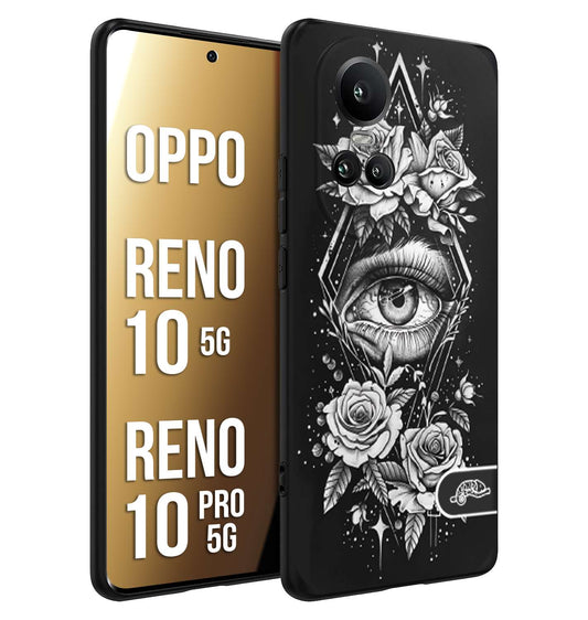 CUSTOMIZZA - Custodia cover nera morbida in tpu compatibile per Oppo Reno 10 5G - 10 PRO 5G occhio fiori rombo geometrico black and white bianco a rilievo disegnato tattoo tatuaggio