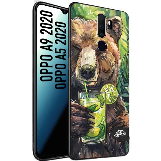 CUSTOMIZZA - Custodia cover nera morbida in tpu compatibile per Oppo A9 2020 - A5 2020 estate disegnata cocktails animali simpatici orso bear negroni